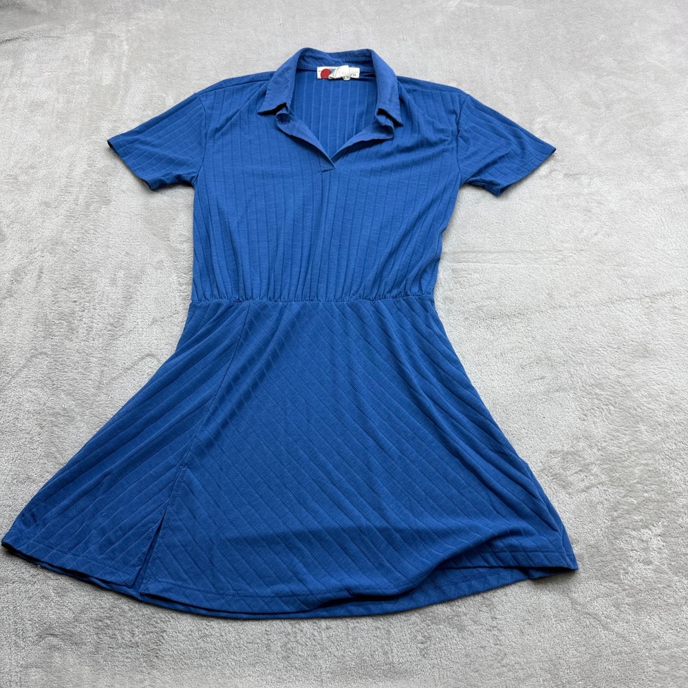 FP Beach Polo Mini Dress Women's Small Blue Ribbed Knit Boho Tenniscore Preppy